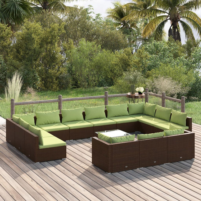 4-Delige Loungeset Met Kussens Poly Rattan Bruin En Groen 4x hoek + 9x midden + Tafel