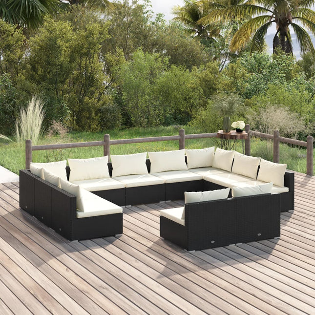 11-delige Loungeset met kussens poly rattan zwart 2x hoek + 9x midden