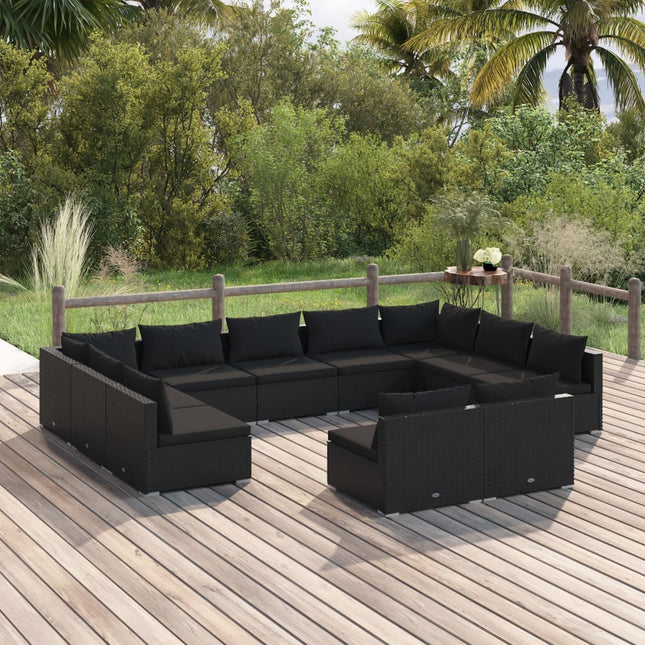 11-delige Loungeset met kussens poly rattan zwart Zwart