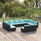 -Delige Loungeset Met Kussens Poly Rattan Zwart En Waterblauw 2x hoek + 9x midden