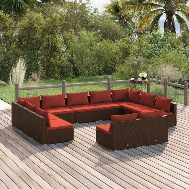 11-delige Loungeset met kussens poly rattan bruin Bruin en kaneelrood