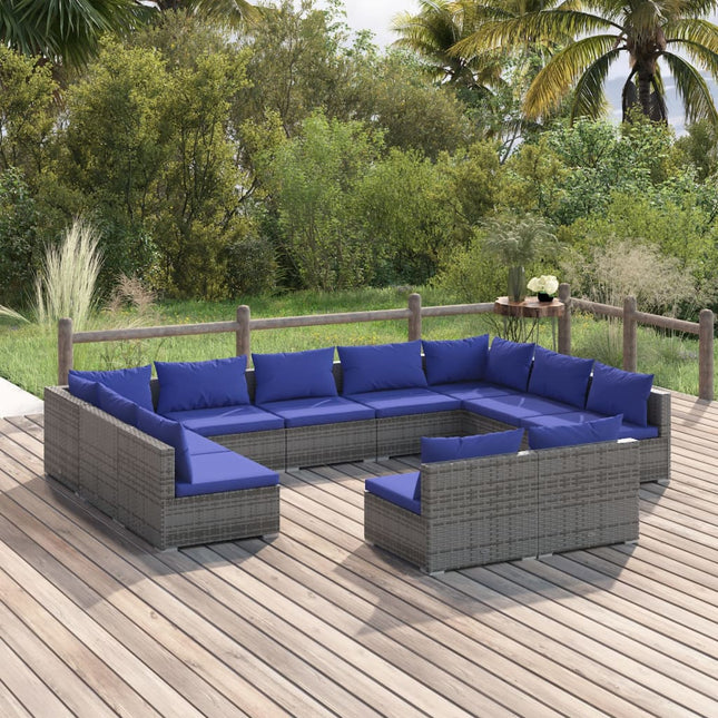 -Delige Loungeset Met Kussens Poly Rattan Grijs En Donkerblauw 2x hoek + 9x midden