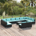 3-Delige Loungeset Met Kussens Poly Rattan Zwart En Waterblauw 2x hoek + 10x midden + Tafel