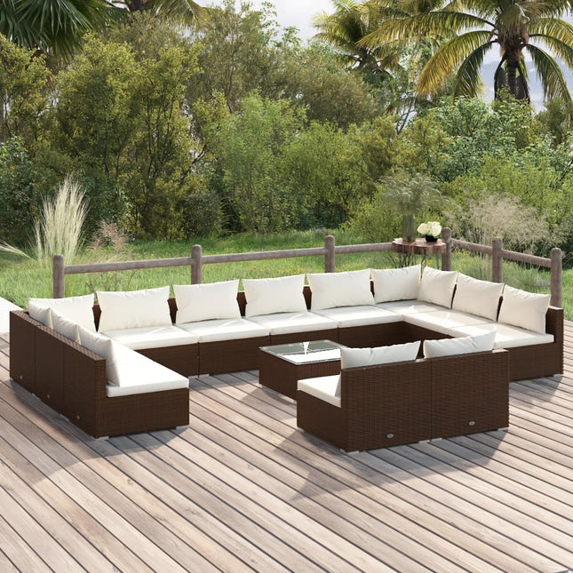 13-delige Loungeset met kussens poly rattan bruin 2x hoek + 10x midden + Tafel