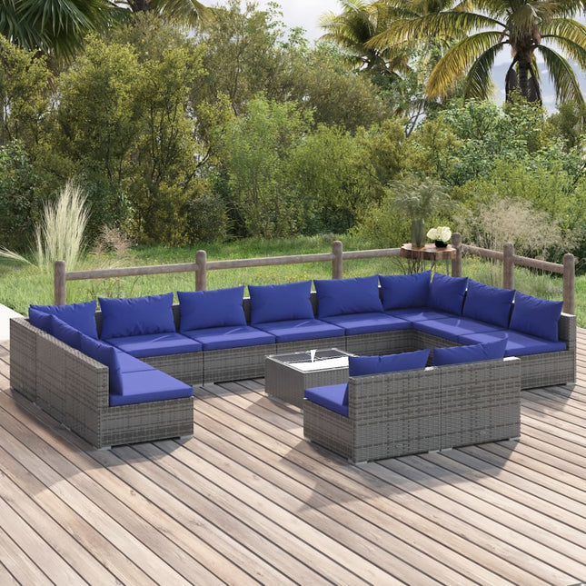 3-Delige Loungeset Met Kussens Poly Rattan Grijs En Donkerblauw 2x hoek + 10x midden + Tafel