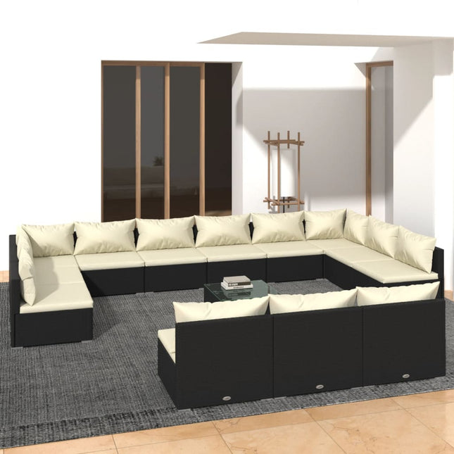 13-delige Loungeset met kussens poly rattan zwart 2x hoek + 11x midden