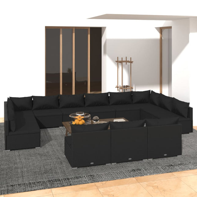 13-delige Loungeset met kussens poly rattan zwart 2x hoek + 11x midden