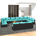 3-Delige Loungeset Met Kussens Poly Rattan Zwart En Waterblauw 2x hoek + 11x midden