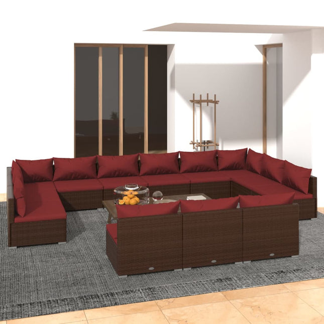 13-delige Loungeset met kussens poly rattan bruin Bruin en kaneelrood