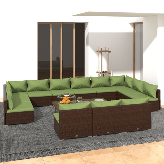 3-Delige Loungeset Met Kussens Poly Rattan Bruin En Groen 2x hoek + 11x midden