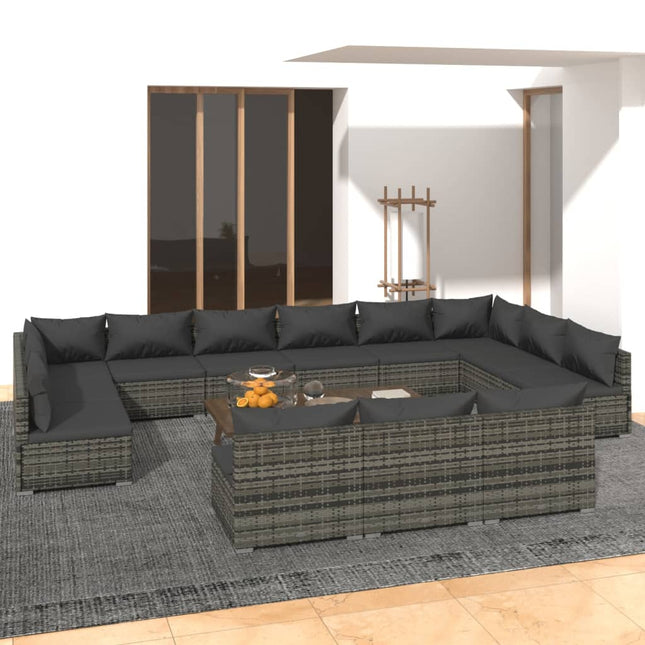 3-Delige Loungeset Met Kussens Poly Rattan Grijs En Antraciet 2x hoek + 11x midden