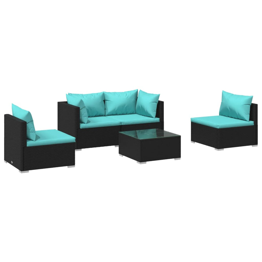 5-delige Loungeset met kussens poly rattan zwart