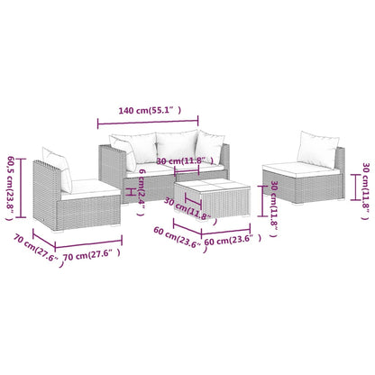 5-delige Loungeset met kussens poly rattan zwart