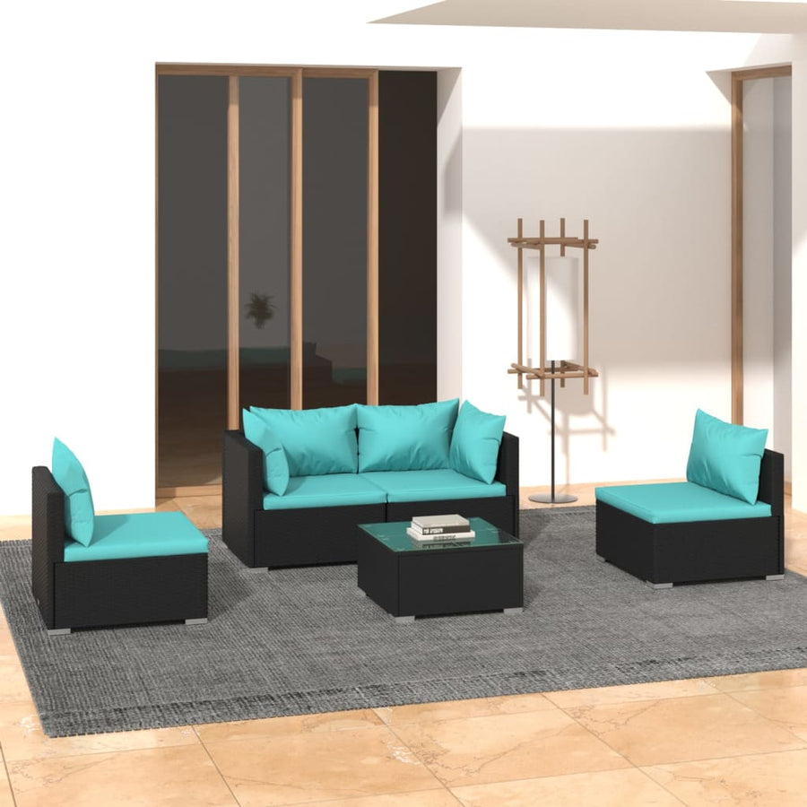 5-delige Loungeset met kussens poly rattan zwart