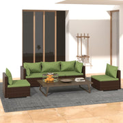 Loungeset 5-delig poly rattan bruin met groene kussens