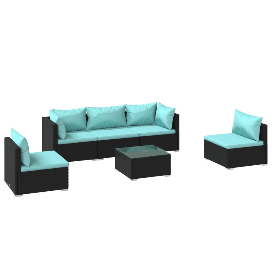 6-delige Loungeset met kussens poly rattan zwart 2x hoek + 3x midden + Tafel