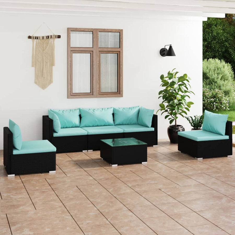 6-delige Loungeset met kussens poly rattan zwart 2x hoek + 3x midden + Tafel