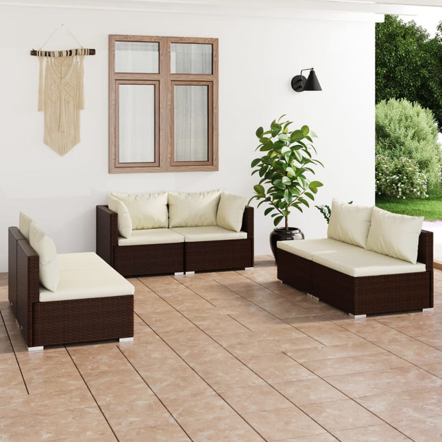 6-delige Loungeset met kussens poly rattan bruin 1 Bruin en crème