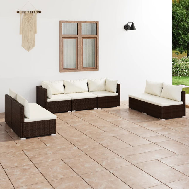 7-delige Loungeset met kussens poly rattan bruin 2x hoek + 5x midden