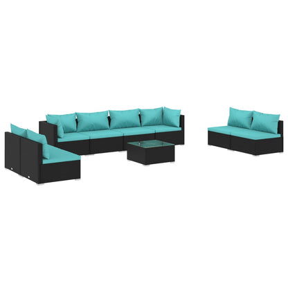 9-delige Loungeset met kussens poly rattan zwart