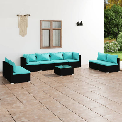 9-delige Loungeset met kussens poly rattan zwart