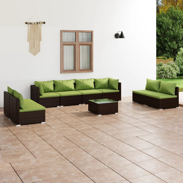 9-Delige Loungeset Met Kussens Poly Rattan Bruin En Groen 2x hoek + 6x midden + Tafel