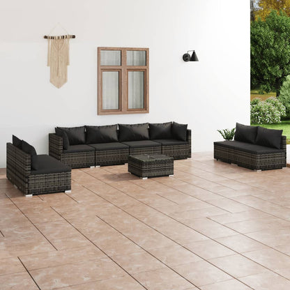 9-delige Loungeset met kussens poly rattan grijs