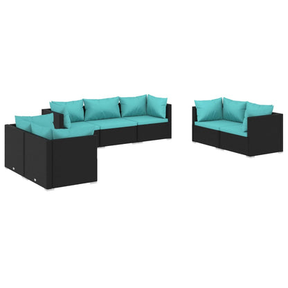 7-Delige Loungeset Met Kussens Poly Rattan Zwart En Waterblauw 6x hoek + midden