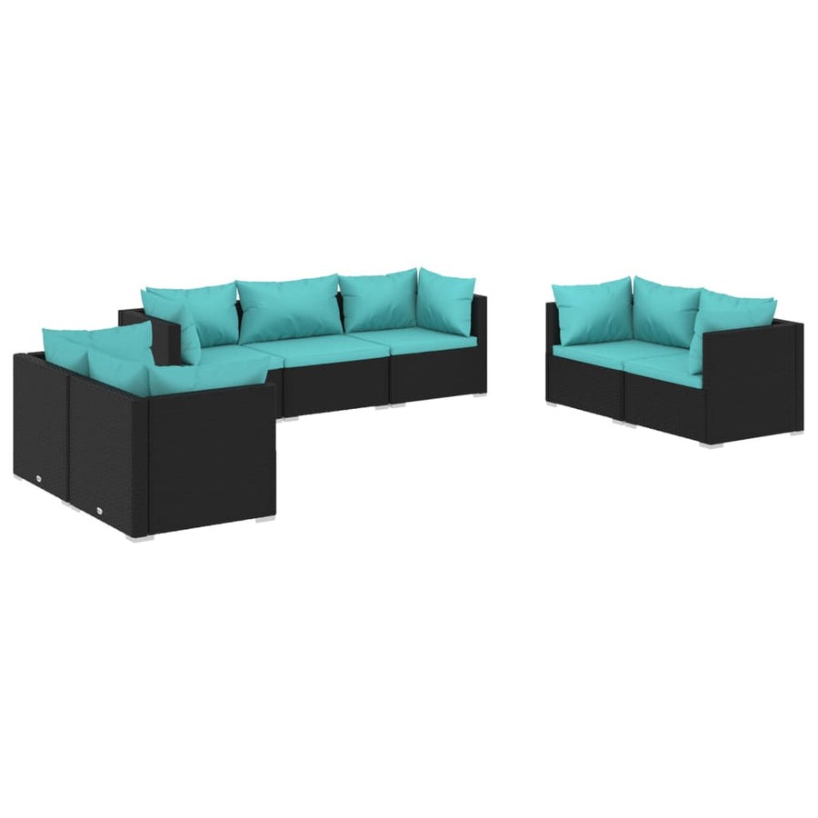 7-Delige Loungeset Met Kussens Poly Rattan Zwart En Waterblauw 6x hoek + midden