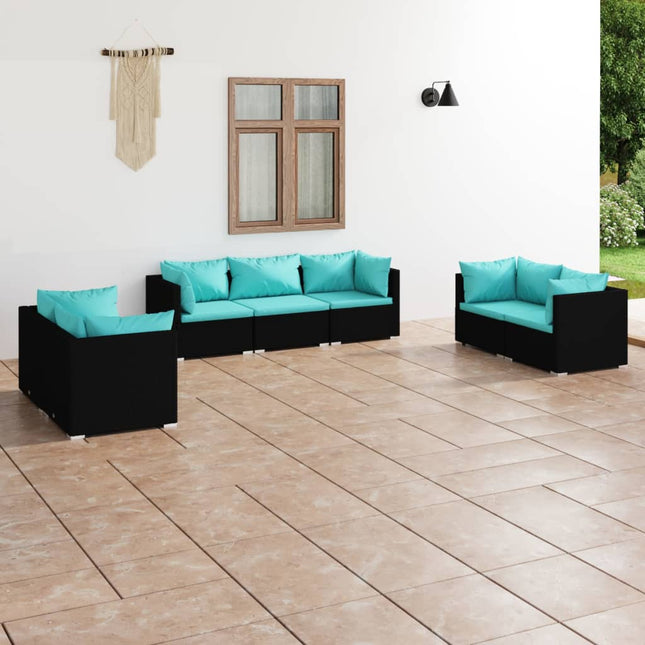 7-Delige Loungeset Met Kussens Poly Rattan Zwart En Waterblauw 6x hoek + midden