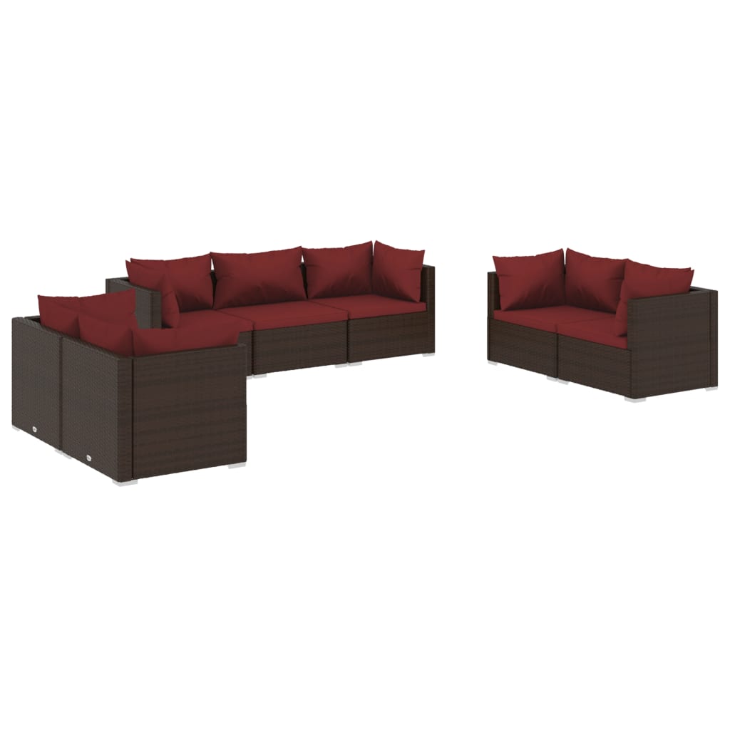 7-delige Loungeset met kussens poly rattan bruin 1 Bruin en kaneelrood