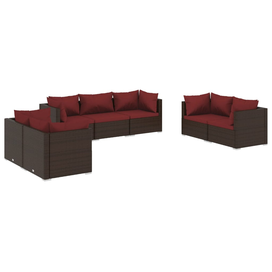 7-delige Loungeset met kussens poly rattan bruin 1 Bruin en kaneelrood