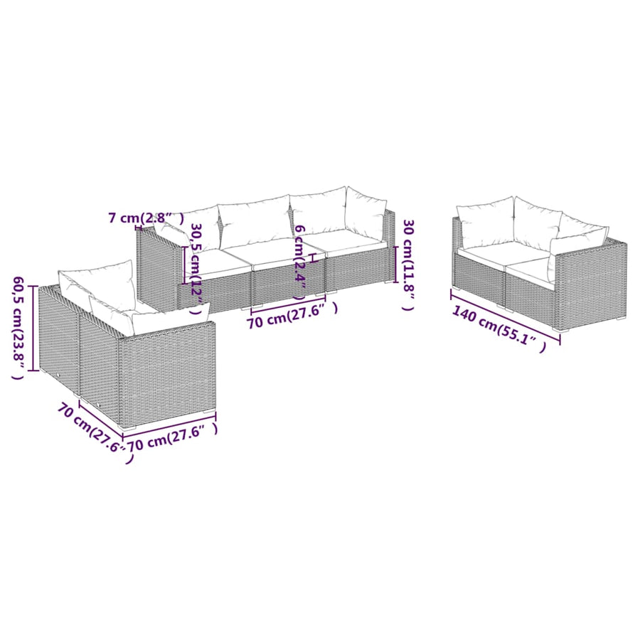7-delige Loungeset met kussens poly rattan bruin 1 Bruin en kaneelrood
