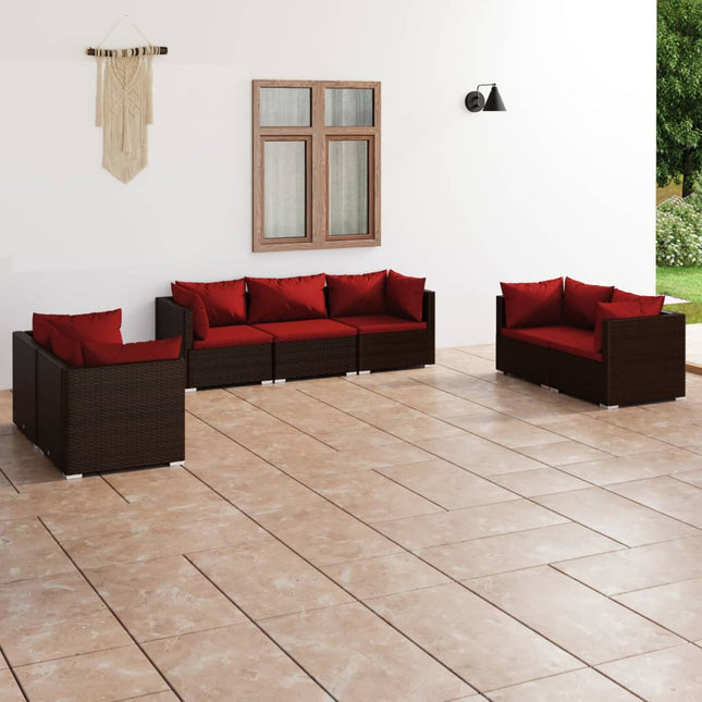 7-delige Loungeset met kussens poly rattan bruin 1 Bruin en kaneelrood