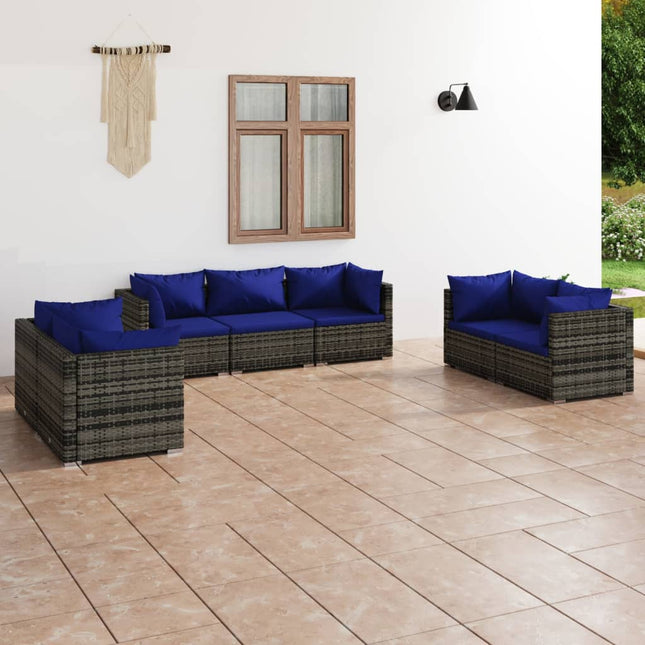 7-Delige Loungeset Met Kussens Poly Rattan Grijs En Donkerblauw 6x hoek + midden