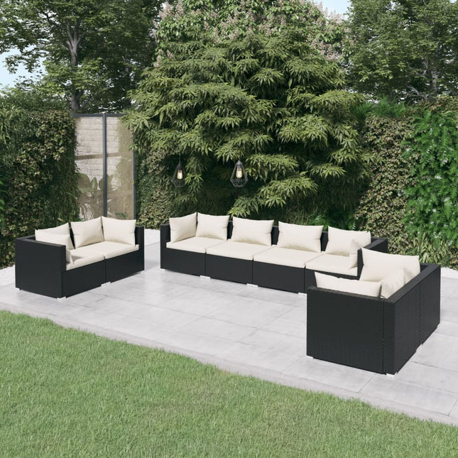 8-delige Loungeset met kussens poly rattan zwart 1 Zwart en crème