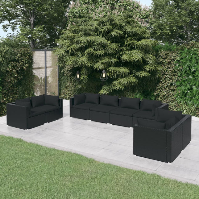 8-delige Loungeset met kussens poly rattan zwart 6x hoek + 2x midden