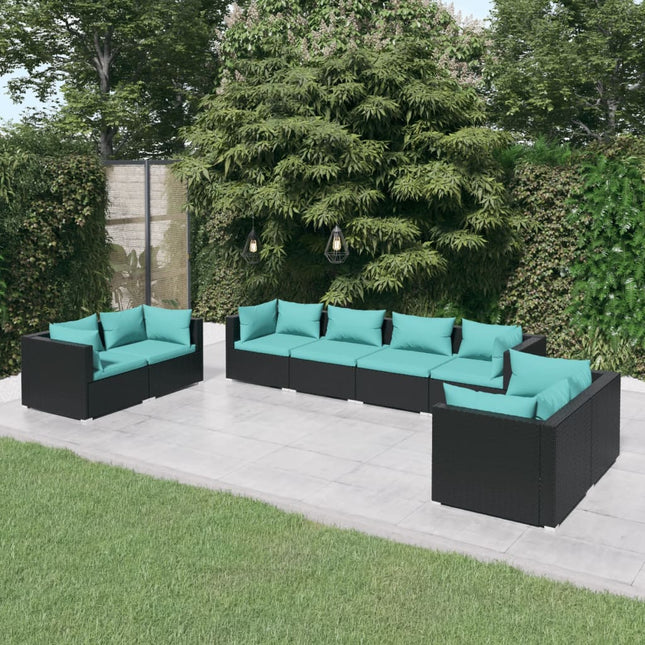 8-Delige Loungeset Met Kussens Poly Rattan Zwart En Waterblauw 6x hoek + 2x midden