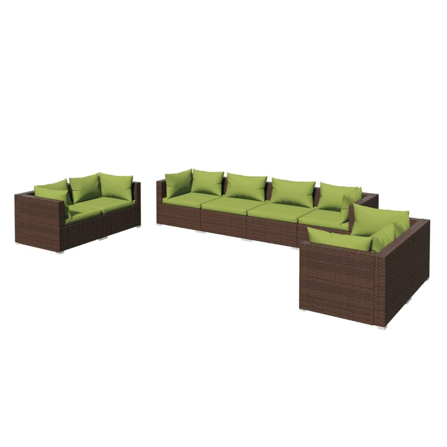 8-Delige Loungeset Met Kussens Poly Rattan Bruin En Groen 6x hoek + 2x midden