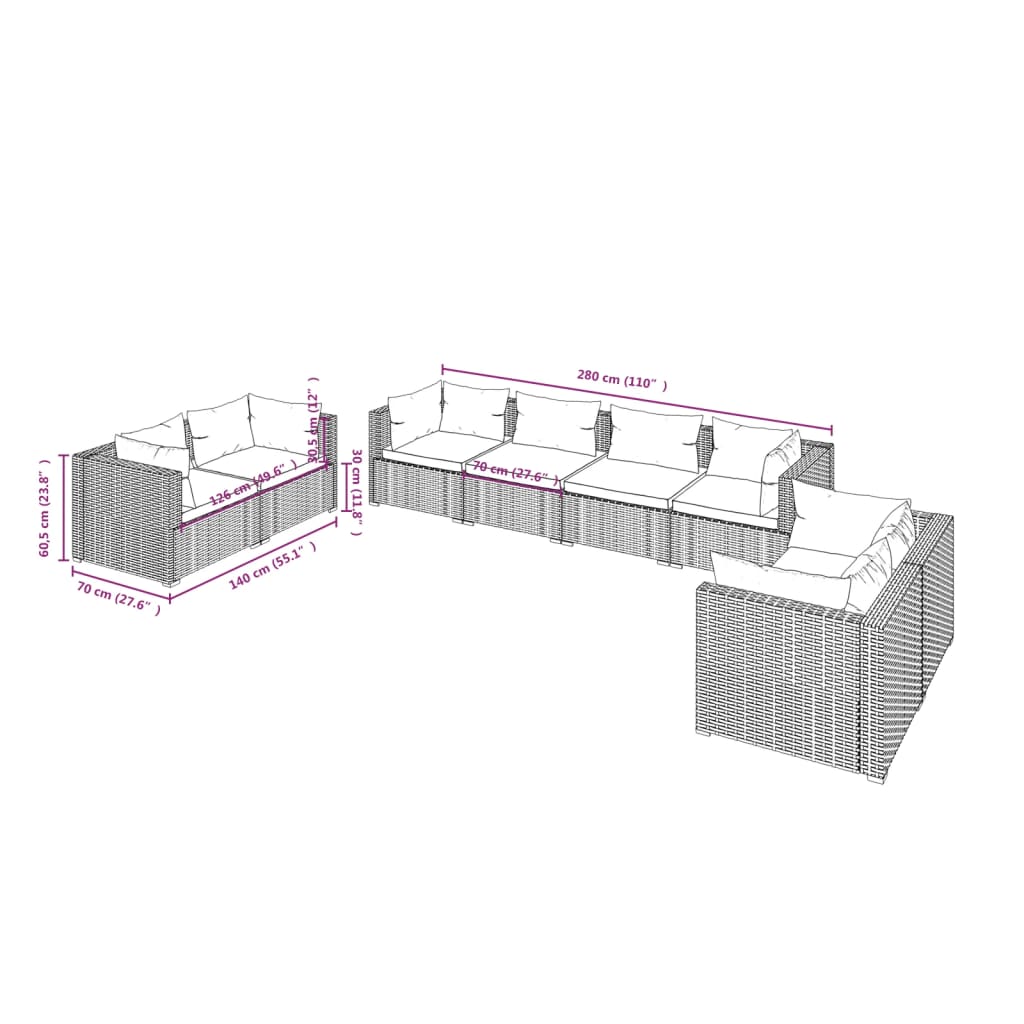 8-Delige Loungeset Met Kussens Poly Rattan Bruin En Groen 6x hoek + 2x midden