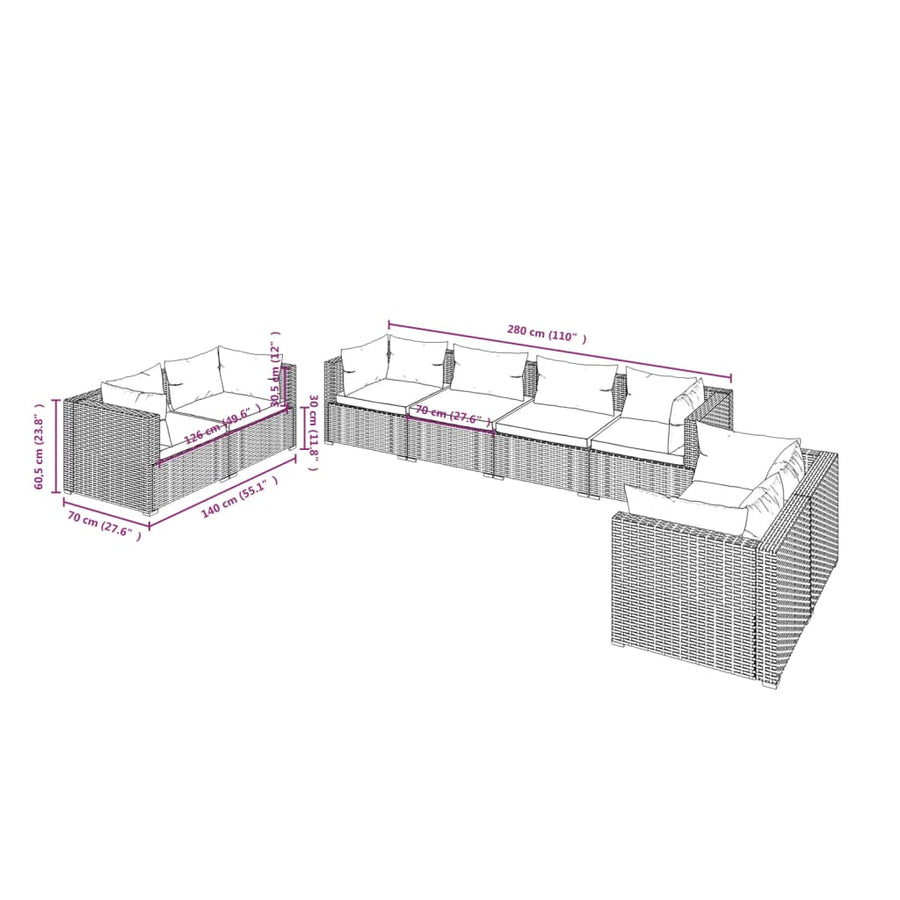 8-Delige Loungeset Met Kussens Poly Rattan Bruin En Groen 6x hoek + 2x midden