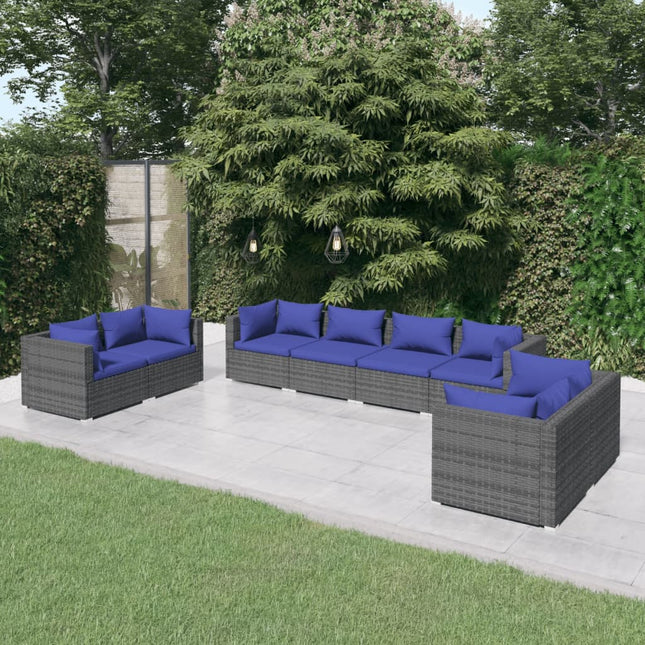 8-Delige Loungeset Met Kussens Poly Rattan Grijs En Donkerblauw 6x hoek + 2x midden