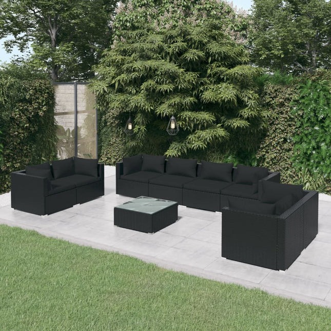 9-delige Loungeset met kussens poly rattan zwart 6x hoek + 2x midden + Tafel