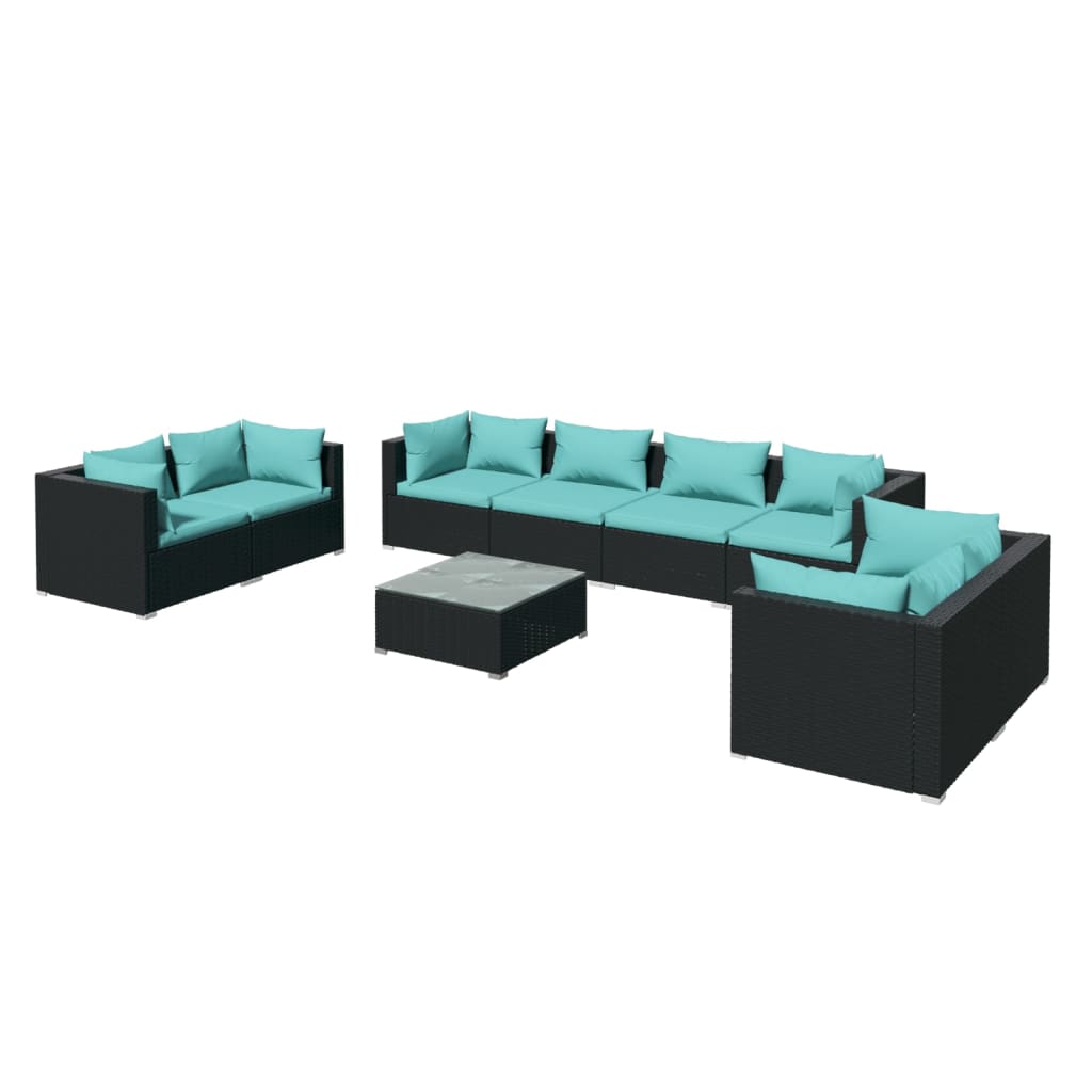 9-delige Loungeset met kussens poly rattan zwart