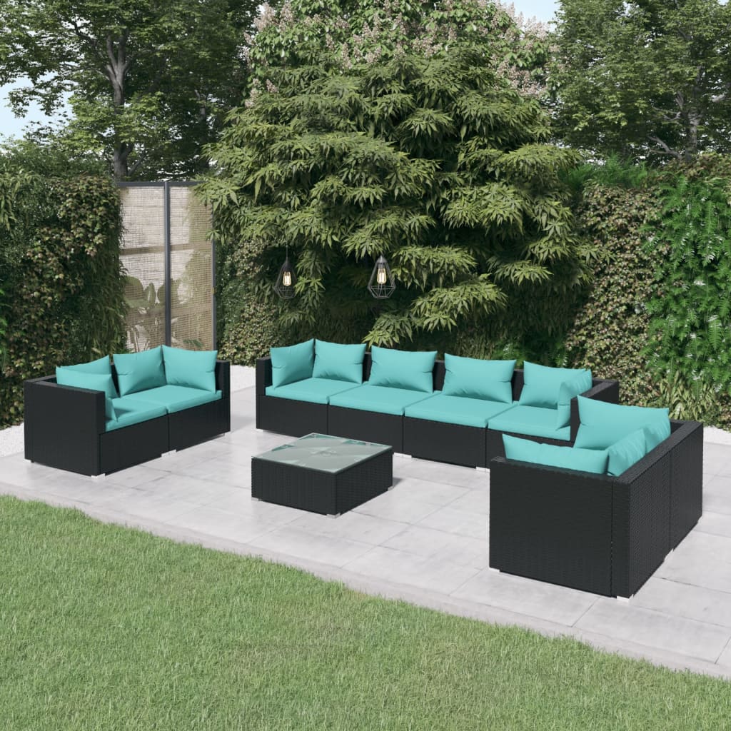 9-delige Loungeset met kussens poly rattan zwart