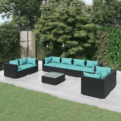 9-delige Loungeset met kussens poly rattan zwart