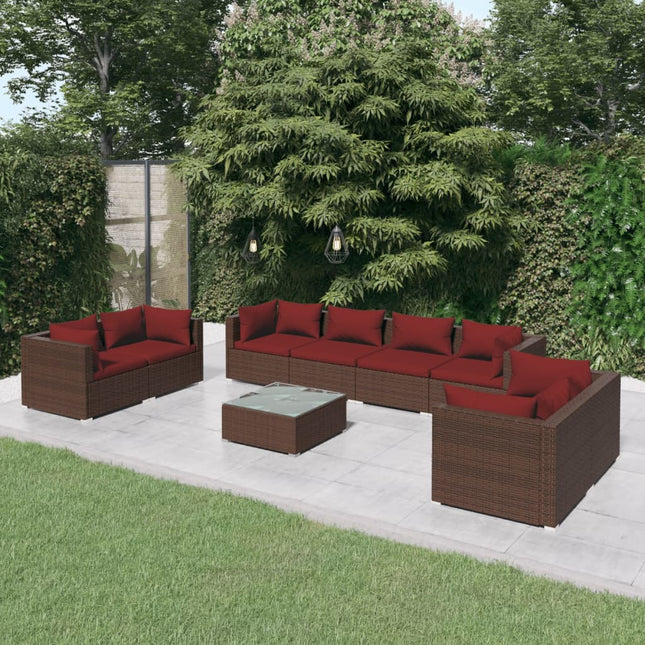 9-delige Loungeset met kussens poly rattan bruin 1 Bruin en kaneelrood