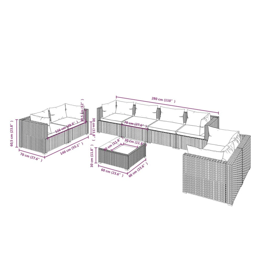 9-delige Loungeset met kussens poly rattan bruin