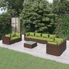 9-Delige Loungeset Met Kussens Poly Rattan Bruin En Groen 6x hoek + 2x midden + Tafel