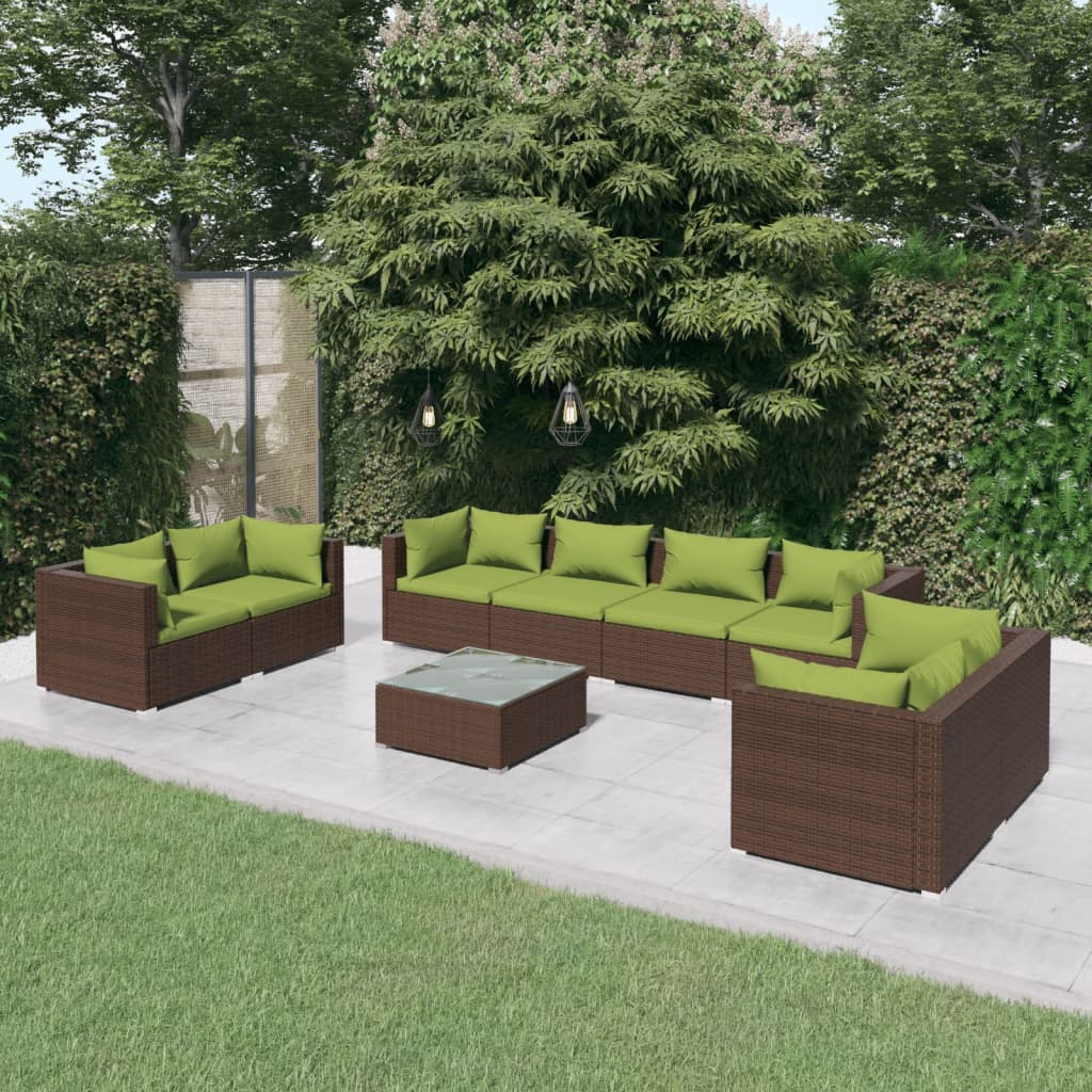 9-delige Loungeset met kussens poly rattan bruin